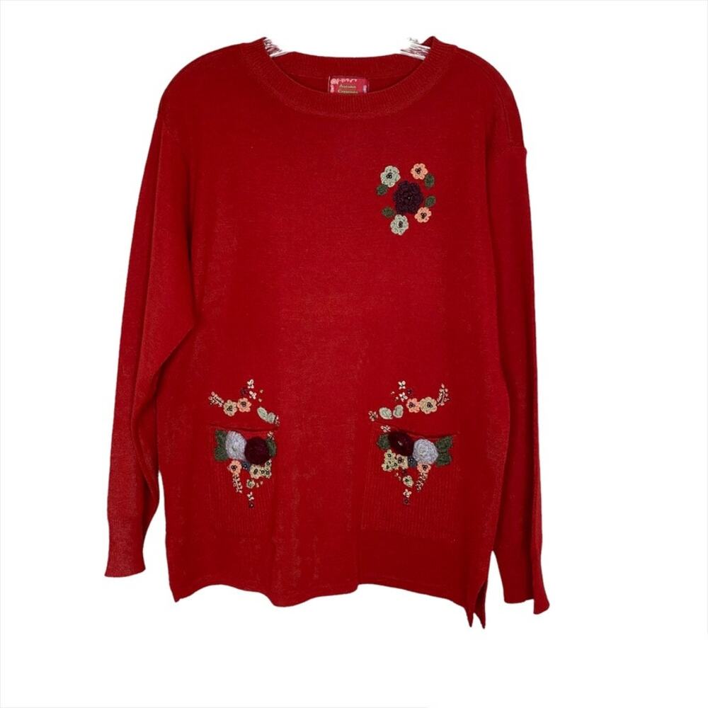 Women's Wool Blend Embroidered Fall Sweater Autumn Creations Rust Red Large